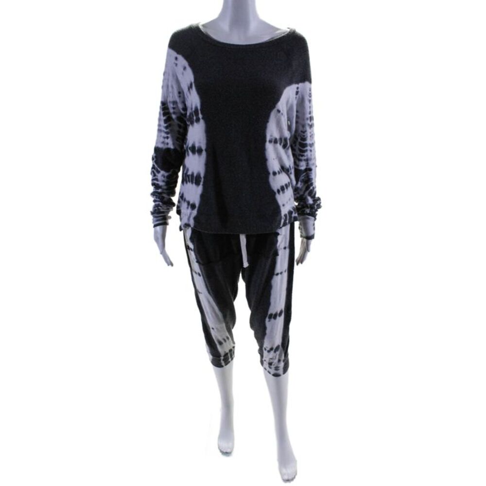 Spenglish Womens Scoop Neck Tie Dyed Sweater Pants Set Gray White Size Medium